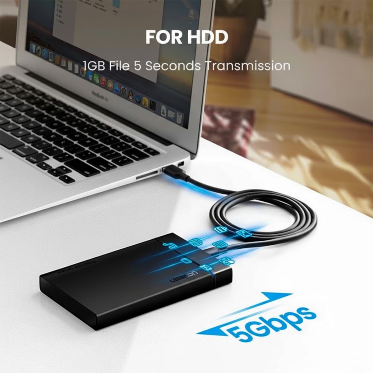 UGreen Type-C to USB 3.0 Cable 1m – Fast Charging 3A, 5Gbps Sync – Black - Image 4